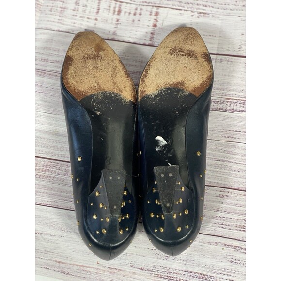 Vintage 80s Stuart Weitzman Navy Leather Gold Studded Kitten Heels Womens Sz 7.5 - Picture 5 of 6